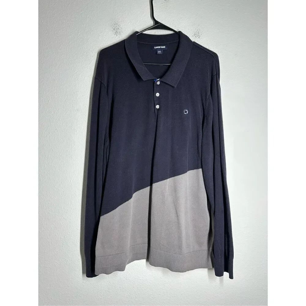 Lands End Polo Sweater Mens Size 2XL Navy Blue Gray Cotton Blend Preppy Comfort